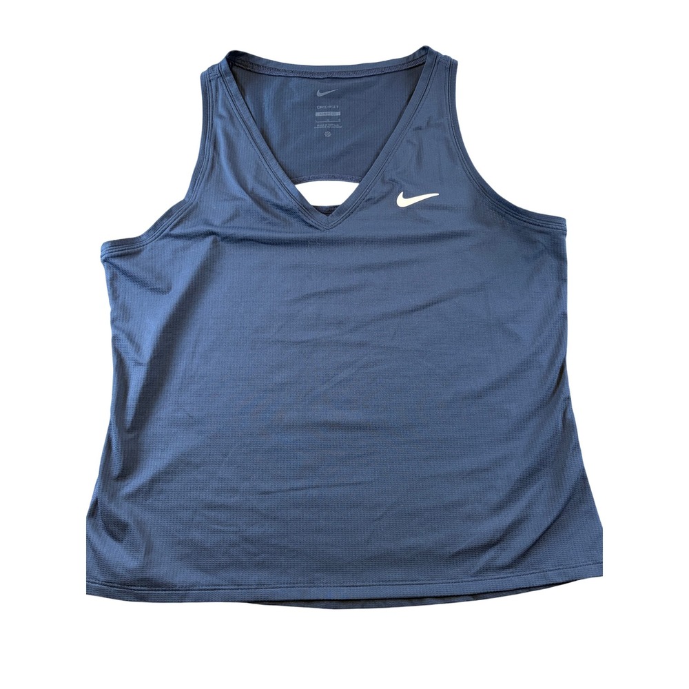 Nike Dri-FIT Slim Fit Tank Top Navy Blue V-Neck Cutout Athletic Womens Large